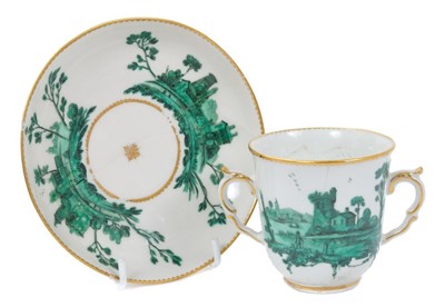 Lot 106 - 18th century Chelsea green monochrome painted chocolate cup and saucer