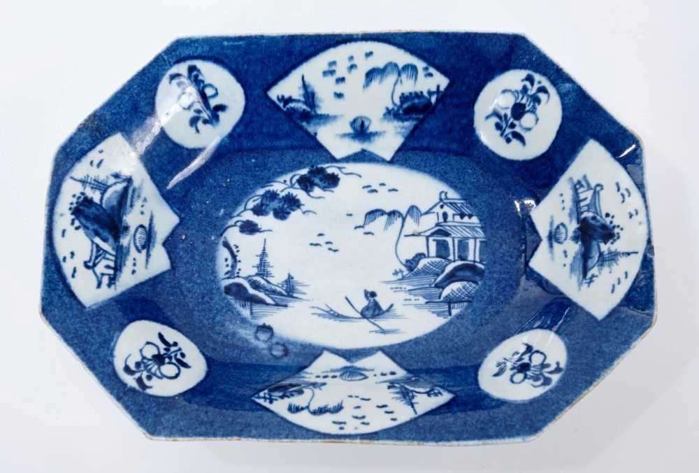 Lot 105 - 18th century Bow powder-blue ground baking dish of octagonal form