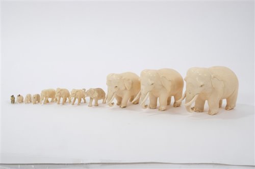 Lot 839 - Troop of seven antique carved ivory elephants,...