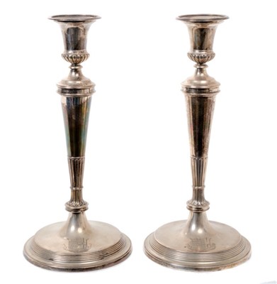 Lot 275 - Pair of George III silver candlesticks, with...