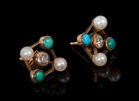 Lot 415 - Pair of Edwardian style diamond, turquoise and...