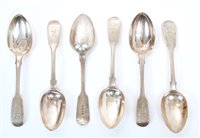 Lot 245 - Set of six George IV silver fiddle pattern...