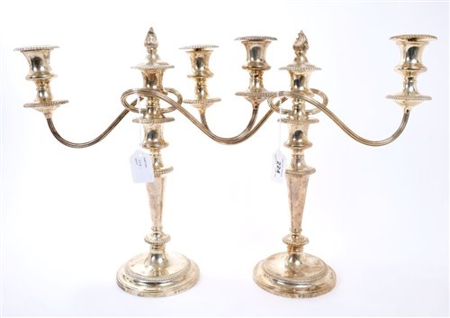 Lot 224 - Pair 1930s silver three-light candelabra with...