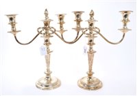 Lot 224 - Pair 1930s silver three-light candelabra with...