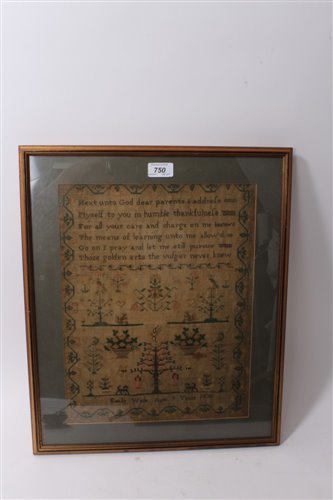 Lot 750 - Early Victorian needlework sampler, by Emily...
