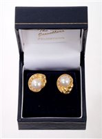 Lot 486 - Pair of 18ct gold cultured pearl and diamond...