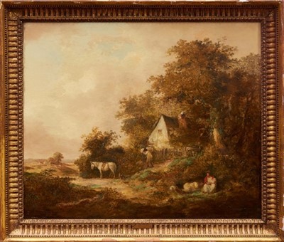 Lot 1311 - Thomas Hand (1771-1804) oil on canvas - Rural landscape with figures and a pony before a thatched cottage, in gilt frame, 62cm x 75cm