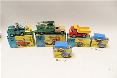 Lot 2712 - Corgi Dodge 'Kew Fargo' Livestock Transporter no. 484, Hydraulic Tower Wagon no. 478, Bedford Tipper Truck no. 494, Pennyburn Workmen's Trailer no. 109 (x 2) (5 in total)