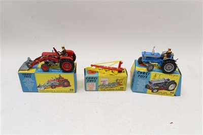 Lot 2713 - Corgi Massey-Ferguson 165 Tractor with Shovel no. 69, Ford 5000 Super Major Tractor no. 67, Four Furrow Plough no. 56, all boxed (3)