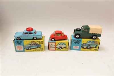 Lot 2723 - Corgi Motor School Car no. 236, Land Rover no. 438, Heinkel Economy Car no. 233, all boxed (3)