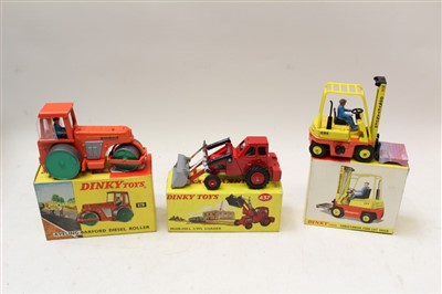 Lot 2734 - Dinky Muir-Hill 2/WL Loader no. 437, Aveling-Barford Diesel Roller no. 279, Conveyancer Fork Lift Truck no. 404, all boxed (3)