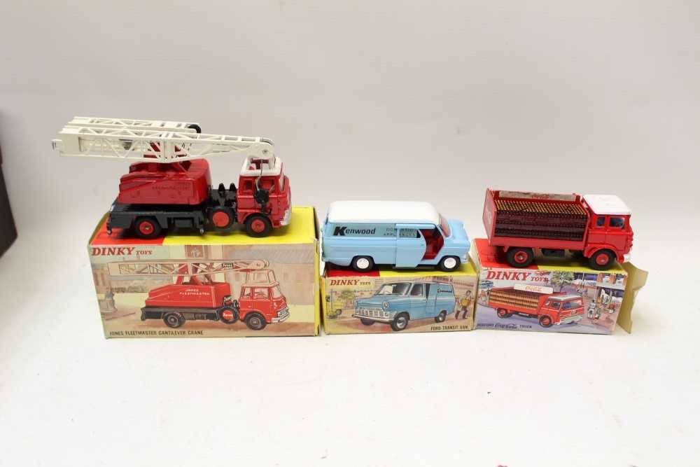 Lot 2735 - Dinky Jones Fleetmaster Cantilever Crane no. 970, Ford Transit Van no. 407, Bedford Coca Cola Truck no. 402, all boxed (3)