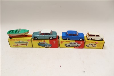 Lot 2740 - Dinky Triumph 2000 no. 135, Morris Mini-Traveller no. 197, Vauxhall Viva no. 136, Healey Sports Boat on Trailer no. 796, all boxed (4)