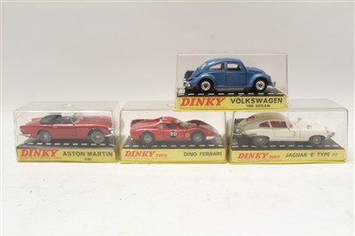 Lot 2747 - Dinky Dino Ferrari no. 216, Jaguar 'E' Type 2+2 no. 131, Aston Martin 110 (perspex box damaged), Volkswagen 1300 Sedan no. 129, all boxed