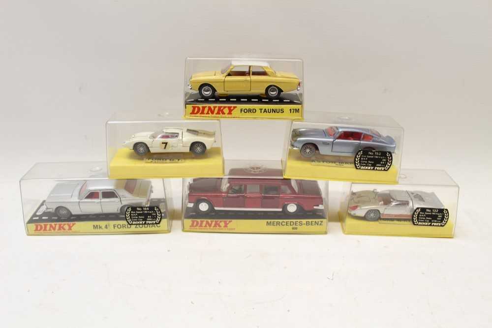 Lot 2748 - Dinky Ford Taurus 17M no. 154, Mk 4 Ford Zodiac no. 164, Mercedes-Benz 600 no. 128, Aston Martin DB6 no. 153, Ford 40 RV no. 132, Ford GT Racing Car 215, all boxed (6)
