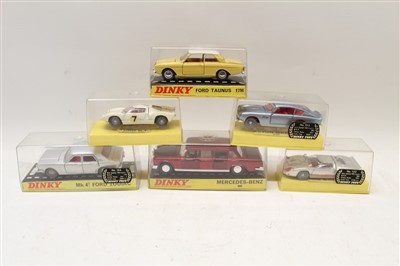 Lot 2748 - Dinky Ford Taurus 17M no. 154, Mk 4 Ford Zodiac no. 164, Mercedes-Benz 600 no. 128, Aston Martin DB6 no. 153, Ford 40 RV no. 132, Ford GT Racing Car 215, all boxed (6)