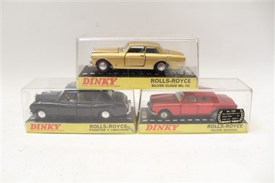 Lot 2749 - Dinky Rolls-Royce Silver Cloud MkIII no. 127, Rolls-Royce Phantom V Limousine no. 152, Rolls-Royce Silver Shadow no. 158, all boxed (3)