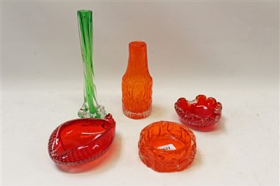 Lot 2022 - Whitefriars Tangerine bottle vase designed by Geoffrey Baxter, Whitefriars Tangerine bowl and three other pieces of Whitefriars (5)