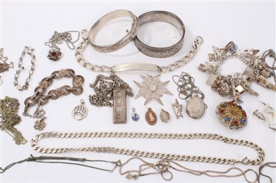 Lot 3245 - Silver charm bracelet, two bangles, silver ingot pendant, identity bracelet and other silver/white metal jewellery