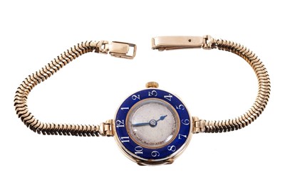 Lot 725 - Ladies’ gold and blue guilloché enamel wristwatch