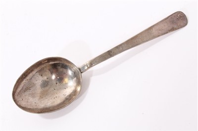 Lot 447 - Early silver spoon with plain stem with pricked initial and rattail bowl, possibly late 17th century