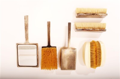 Lot 449 - 1930s five piece silver mounted dressing table set and pair of gentlemen's ivory-backed hairbrushes