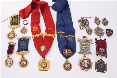 Lot 3325 - Gold (9ct) fob, other silver fobs, silver Albert chain, gold (9ct) morning ring and quantity of Buffalo medals