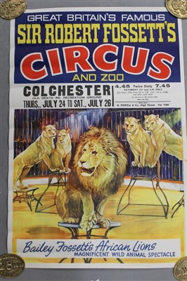 Lot 2401 - Circus Poster:  Sir Robert Fossett’s Circus & Zoo ‘Bailey Fossett’s African Lions’, 76cm x 50cm approximately