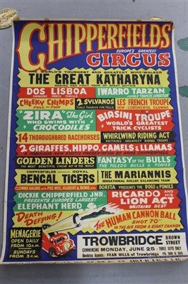 Lot 2405 - Circus Poster:  Chipperfield’s early multiview poster featuring Katharyna Wire-Walker and The Human Cannon Ball, 76cm x 50cm approximately