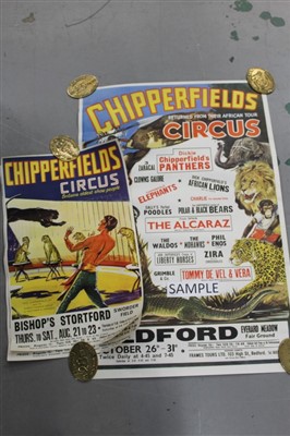 Lot 2406 - Circus Posters:  Chipperfield’s 1960s posters ‘Returned from their African Tour’, 76cm x 50cm approximately, plus same poster but smaller, also Dick Chipperfield Jnr. and his World Famous Group of...
