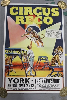 Lot 2407 - Circus Poster:  Circus Reco 1960s featuring Tiger Jumping through Ring of Fire, 76cm x 50cm approximately