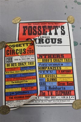Lot 2410 - Circus Posters:  Two Fossett’s Circus line-up posters, both circa 1960s, both printed by Roscommon Herald, Boyle, 76cm x 50cm and 57cm x 29cm approximately
