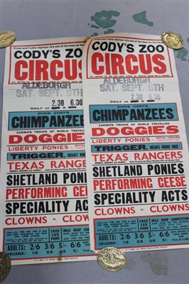Lot 2419 - Circus Posters:  Two Cody’s Zoo Circus Alderburgh Doris Cody’s Chimpanzees head the line-up, printer W. E. Berry, Nesfield, Bradfield, circa 1950s, 76cm x 34cm approximately