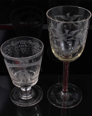 Lot 299 - 19th Century Sunderland Bridge engraved glass rummer, 14cm and a Georgian-style wine glass