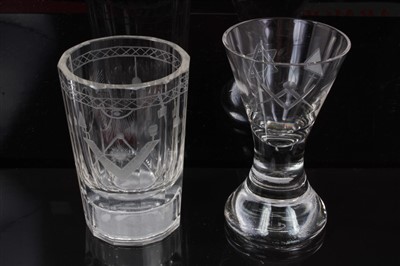 Lot 300 - 19th century Masonic glass beaker of faceted form, 11.7cm and another modern Masonic toasting glass