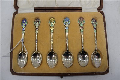 Lot 3731 - Set of six 1920s silver and enamel teaspoons