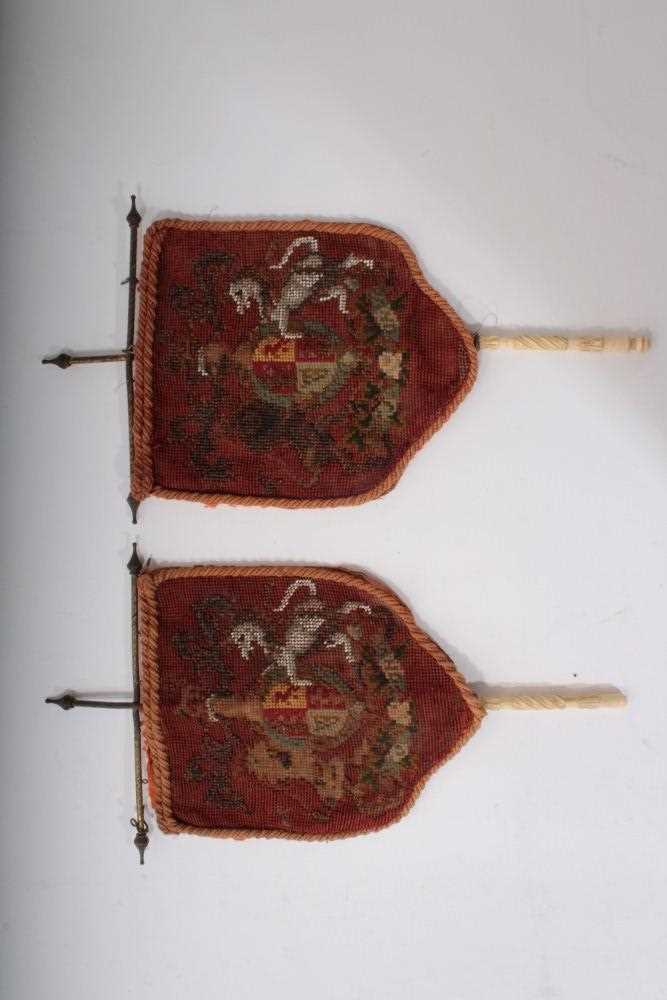Lot 34 - Pair Victorian embroidered beadwork handheld fire banners with Royal Coat of Arms decoration, 39cm