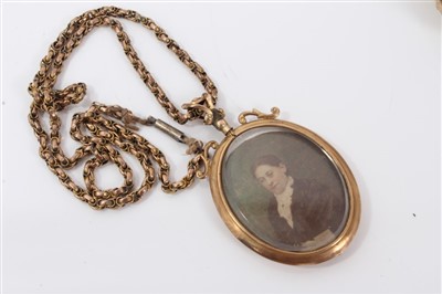 Lot 3209 - Edwardian gold (9ct) oval portrait locket on fancy link chain, gold (9ct) locket on chain and two Edwardian gold (9ct) stick pins