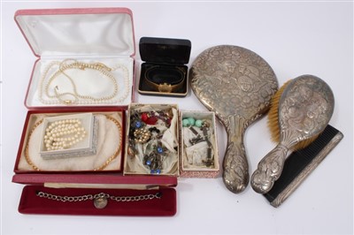 Lot 3212 - Silver backed three piece dressing table set, together with vintage costume jewellery