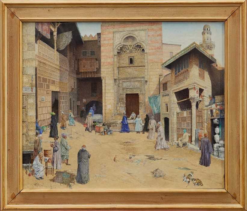 Lot 1430 - James Reeve (b.1939) oil on canvas - Street Scene Cairo, 1986, framed, 56cm x 69cm