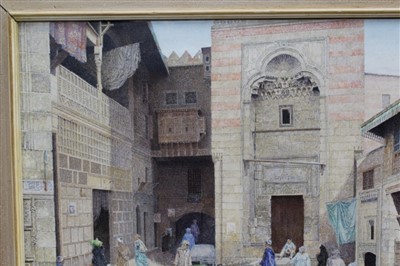 Lot 1430 - James Reeve (b.1939) oil on canvas - Street Scene Cairo, 1986, framed, 56cm x 69cm