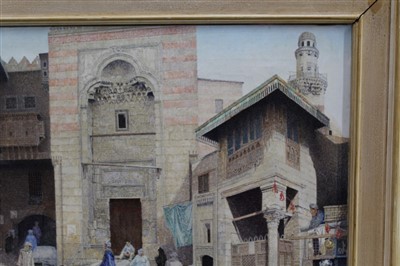 Lot 1430 - James Reeve (b.1939) oil on canvas - Street Scene Cairo, 1986, framed, 56cm x 69cm