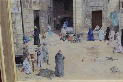 Lot 1430 - James Reeve (b.1939) oil on canvas - Street Scene Cairo, 1986, framed, 56cm x 69cm