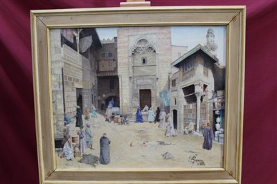 Lot 1430 - James Reeve (b.1939) oil on canvas - Street Scene Cairo, 1986, framed, 56cm x 69cm