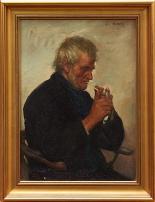 Lot 1141 - Edwin Harris (1855-1906) oil on canvas - portrait of fisherman lighting a clay pipe, signed, in gilt frame, 37cm x 26cm