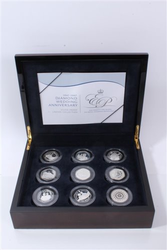 Lot 10 - World – The Diamond Wedding Anniv. Her Majesty The Queen His Royal Highness Prince Philip Silver Proof Coin Crown Collection in plush lined case (9 coin set)
