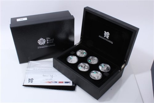 Lot 15 - G.B. The Royal Mint Silver Proof Coin Set – containing six Five Pound coins dated 2009, obverse by designer – Ian Rank-Bradley and reverse by designer – Shane Greeves – ‘A Celebration of Britain –...
