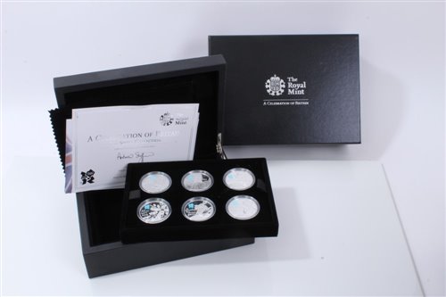 Lot 17 - G.B. The Royal Mint Silver Proof Coin Set – containing six Five Pound coins dated 2010, obverse by designer – Ian Rank-Bradley and reverse by designer – Shane Greeves – ‘A Celebration of Britain –...