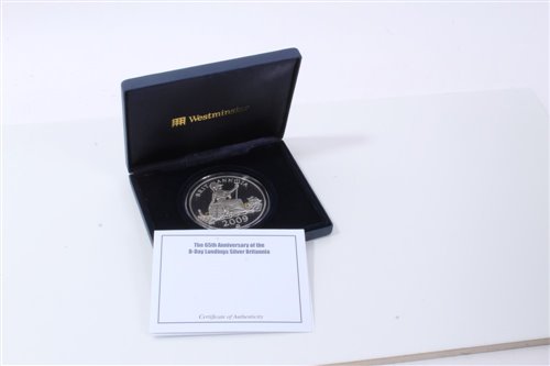 Lot 20 - G.B. Westminster Silver Proof Five-Ounce Britannia ‘D-Day Landings’ 65th Anniv. comm. medallion 2009 - cased with Certificate of Authenticity (1 medallion)