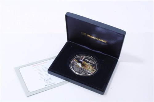 Lot 21 - Guernsey – Westminster Silver Proof Five-Ounce £10 coin with colour image of Hawker Hurricane 2010 - cased with Certificate of Authenticity (1 coin)